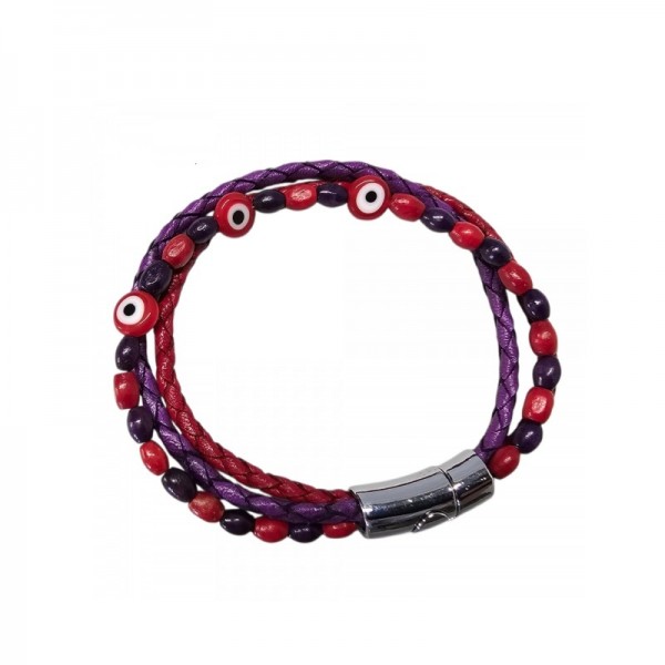 Deri Örmeli Nazar Boncuklu Bileklik – Renkli, El Yapımı Hakiki Deri