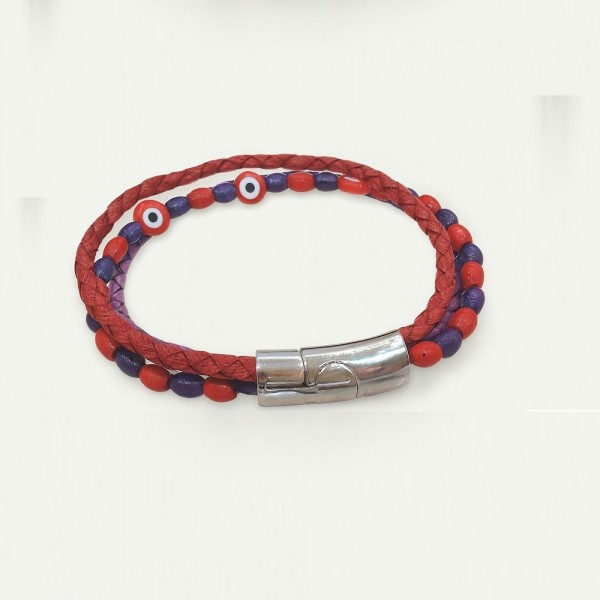 Deri Örmeli Nazar Boncuklu Bileklik – Renkli, El Yapımı Hakiki Deri