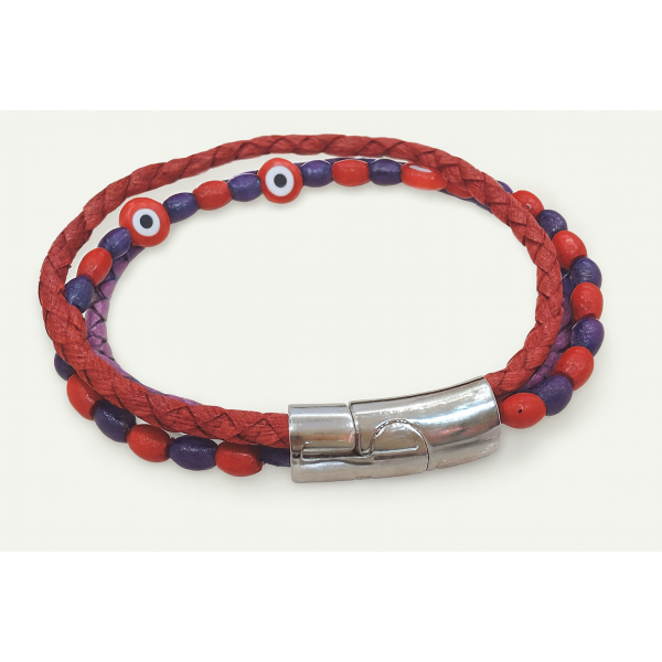 Deri Örmeli Nazar Boncuklu Bileklik – Renkli, El Yapımı Hakiki Deri