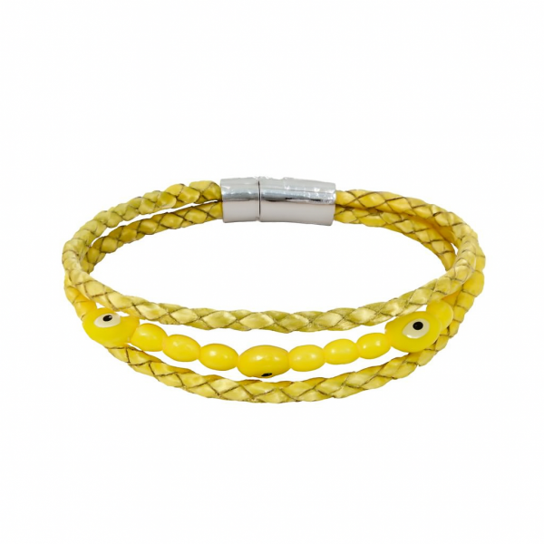 Sarı Nazar Boncuklu Örgü Deri Bileklik – El Yapımı Hakiki Deri