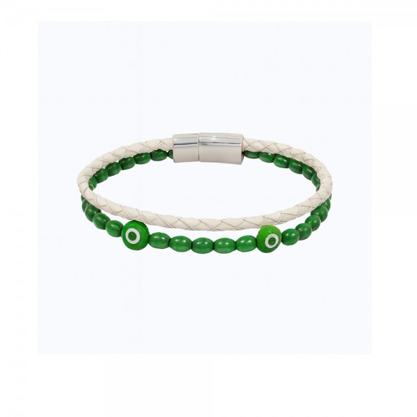 Beyaz Örmeli Deri Nazar Boncuklu Bileklik – El Yapımı Hakiki Deri Aksesuar