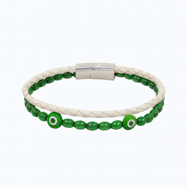 Beyaz Örmeli Deri Nazar Boncuklu Bileklik – El Yapımı Hakiki Deri Aksesuar