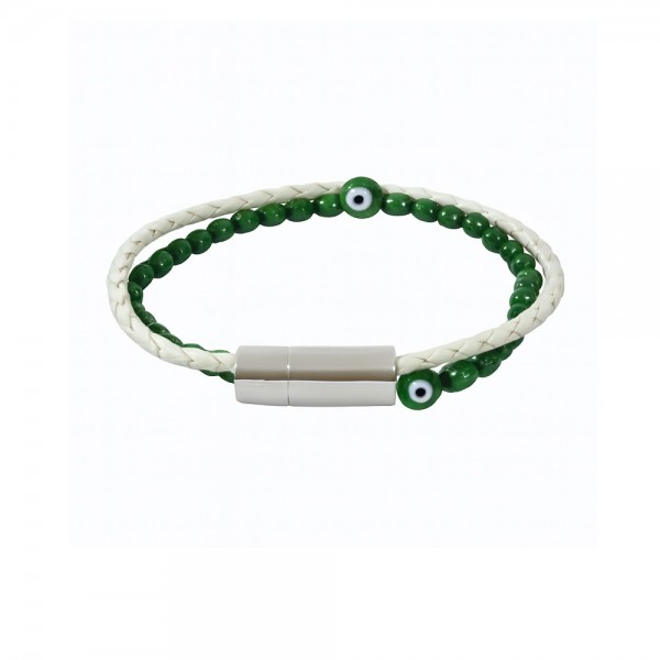 White Braided Leather Evil Eye Bracelet – Handmade Genuine Leather Accessory