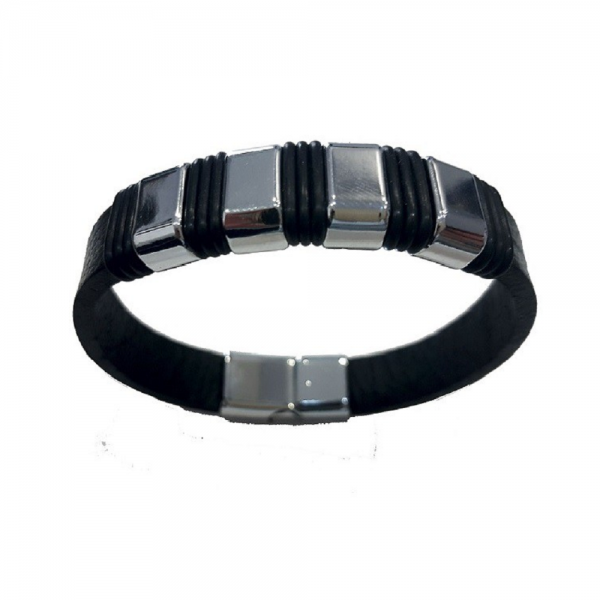 Hakiki Deri Bileklik – Siyah Çelik Detaylı Erkek Bileklik