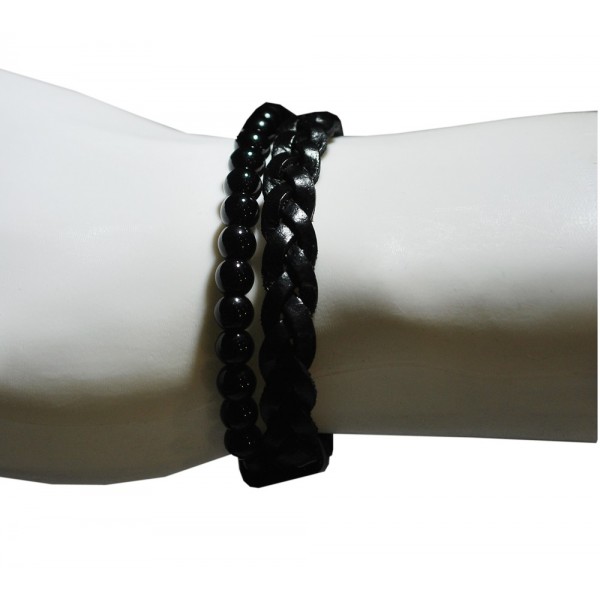 Deritel İki Deri Örmeli Boncuklu Bileklik Kombine Serisi Siyah