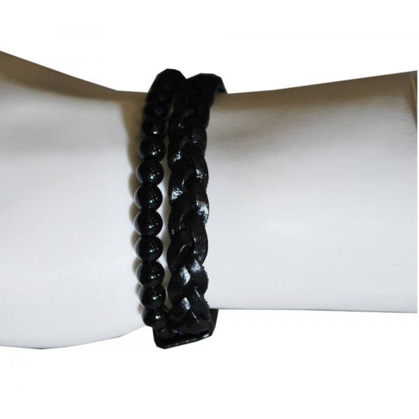 Deritel İki Deri Örmeli Boncuklu Bileklik Kombine Serisi Siyah