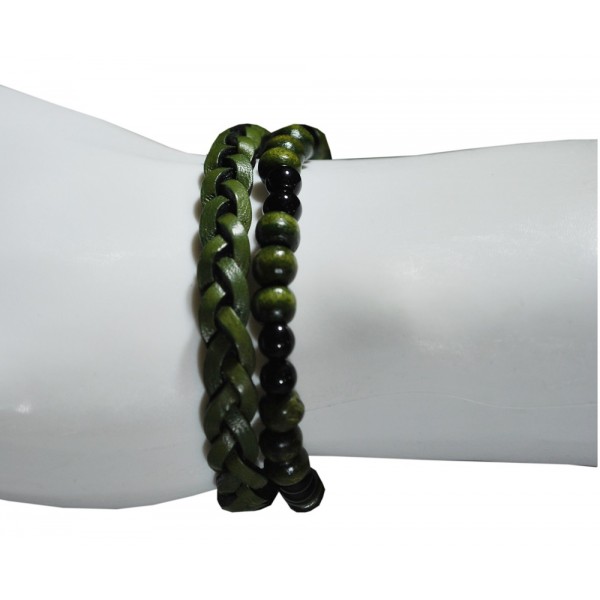 Deritel Hakiki Deri Bileklik – İki Saç Örgülü & Boncuklu Kombine Model