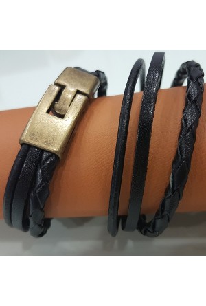 Gerçek Deri Bileklik Siyah Örgülü Siyah Biyeli