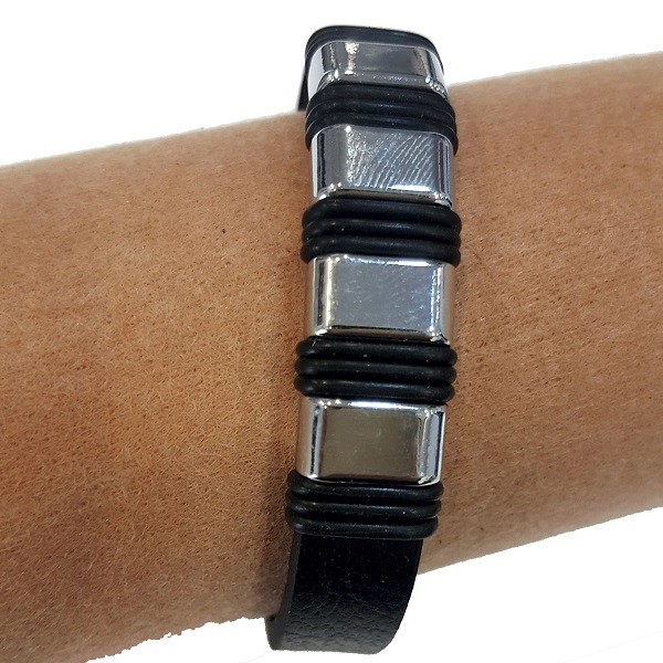 Hakiki Deri Bileklik – Siyah Çelik Detaylı Erkek Bileklik