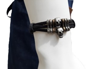 Gerçek Deri Erkek Bileklik - Kuru Kafa Metalli Deritel