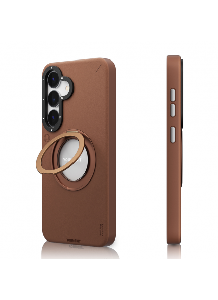 Basit ve Şık Mat Deri Deseni ile Üst Düzey Koruma Galaxy S25 Kılıf M-safe Şarj Özellikli 360° Standlı Basit Mat Deri Desenli Youngkit Tech Leather Serisi Kapak