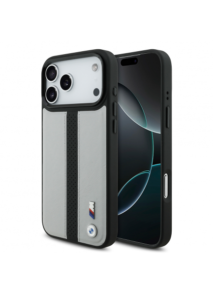 BMW Orijinal Lisanslı M-Safe Şarjlı iPhone 17 Pro Deri Kılıf Apple iPhone 17 Pro Kılıf BMW Orjinal Lisanslı M-safe Şarj Özellikli Deri Arka Yüzey Metal Logolu Delikli Şerit Tasarımlı Kapak