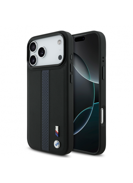 BMW Orijinal Lisanslı M-Safe Şarjlı iPhone 17 Pro Deri Kılıf Apple iPhone 17 Pro Kılıf BMW Orjinal Lisanslı M-safe Şarj Özellikli Deri Arka Yüzey Metal Logolu Delikli Şerit Tasarımlı Kapak