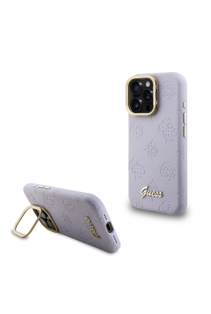 Apple iPhone 15 Pro Max Kılıf Guess Orjinal Lisanslı M-safe Şarj Özellikli Sıcak Baskılı Yazı Logolu Kamera Standlı PU Deri Peony Kapak