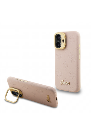 Apple iPhone 16 Kılıf Guess Orjinal Lisanslı M-safe Şarj Özellikli Sıcak Baskılı Yazı Logolu Kamera Standlı PU Deri Peony Kapak