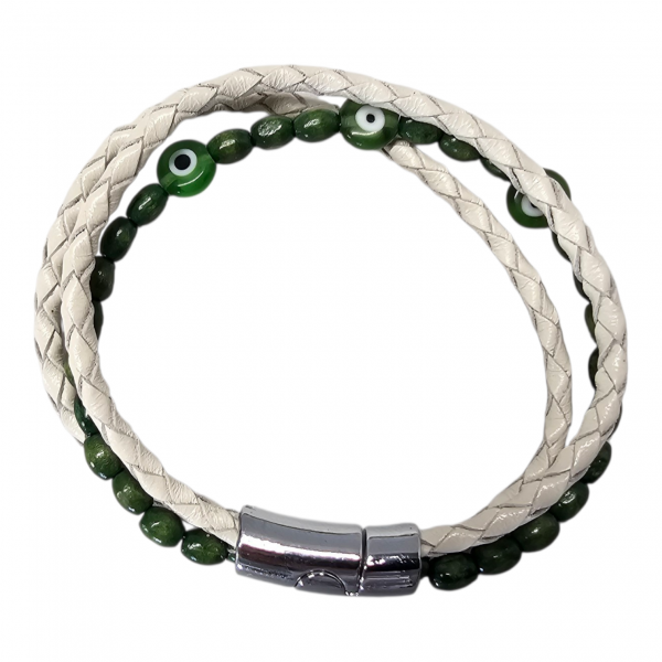 White Braided Leather Evil Eye Bracelet – Handmade Genuine Leather Accessory