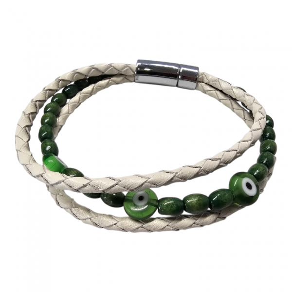 White Braided Leather Evil Eye Bracelet – Handmade Genuine Leather Accessory