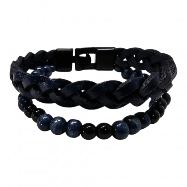 Örgü & Boncuklu Kombin Bileklik – Lacivert Hakiki Deri